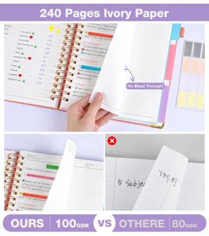 JASLEKO 3 Subject Notebook College Ruled with Dividers Tabs, 100 GSM Leather Hardcover Spiral Notebooks for School Work, 240 Pages Large Cute Notebook Journal for Women Men, College Students,Pink - color: Pink