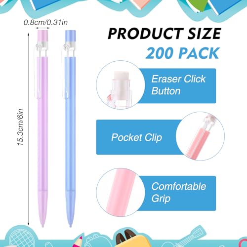 Fuyoooo 200 Pcs 0.7mm Mechanical Pencils with Eraser Bulk, Colorful Mechanical Pencil 0.7mm for Office Classroom Back to School Supplies School Student Writing Drawing Sketching(Multicolor) - color: pink, yellow, green, blue, purple