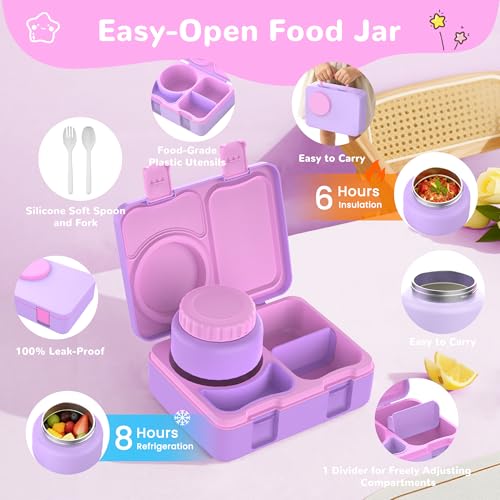 Bento Box for Kids, Leakproof Kids Bento Lunch Box Container with 8oz Insulated Thermo Food Jar, Sauce Jar, Utensil, DIY Stickers for School Boys Girls, 3-4 Compartments, BPA-Free - color: Purple