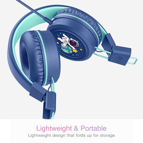 MEE audio KidJamz KJ55 Wired Children’s Headphones with 3.5mm Plug, Colorful Graphics, Volume Limiter & Microphone, Adjustable On-Ear Kids Headset for Online Learning/School/Travel/Tablet (Blue) - color: Blue, style: Standard