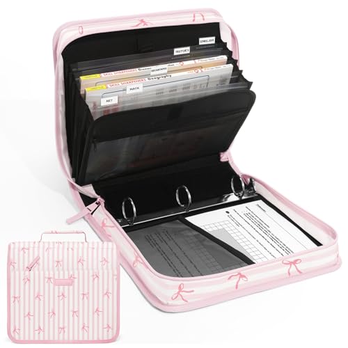 SUNEE Zipper Binder with Handle, 1.5 Inch O-Ring, 325 Pages Capacity, with 5-Tab Expanding File Folder for Classified Storage, Small Size Lightweight Zipper Bag for Middle School Students, Pink Bow - color: Pink Bow