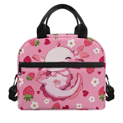 Axolotl Lunch Box for Kids Boys 4-6 Strawberry One Piece Lunch Box for Girls 6-8 Preppy Meal Bag for Boys 8-10 Preschool Kindergarten Toddler Elementary School Adjustable Shoulder Strap - color: Strawberry Axolotl