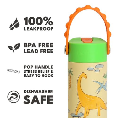 Elemental Insulated Kids Water Bottle, Stainless Steel Water Bottle with Straw Lid & Pop-It Handle, Leak-Proof Water Bottles for School, Boys or Girls, Travelling and Sports, 18oz - Skater Dinos - color: Skater Dinos