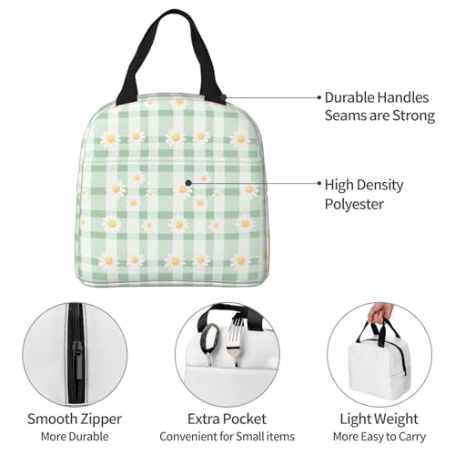 Lunch Bag Daisy Pastel Green Check Plaid Insulated Lunch Box Reusable Cooler Tote for Adults Student Girl Boy Work Office School Picnic Over 3 Years Old - color: B0383
