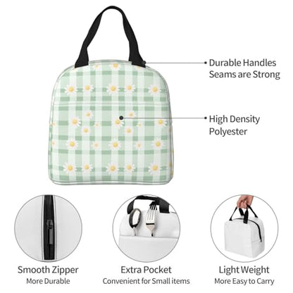 Lunch Bag Daisy Pastel Green Check Plaid Insulated Lunch Box Reusable Cooler Tote for Adults Student Girl Boy Work Office School Picnic Over 3 Years Old - color: B0383