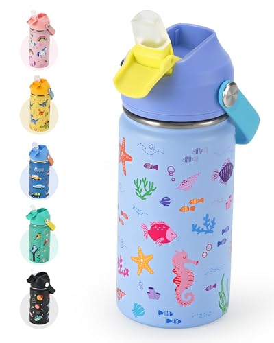 Kids Water Bottle 14oz, Insulated Toddler Water Bottle Stainless Steel | Keeps Cold 24H, Silicone Straw Lid, Leak Proof & Ocean Animal Prints Design, Custom Name Tag for School, Daycare, Travel - color: Ocean Animal