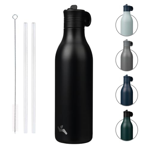 Konokyo 25oz Insulated Travel Water Bottle with Straw, Black | Stainless steel, BPA free, leak proof, double wall, dishwasher safe. Reusable for gym, workouts, and daily use - color: Black, size: 25 Ounces