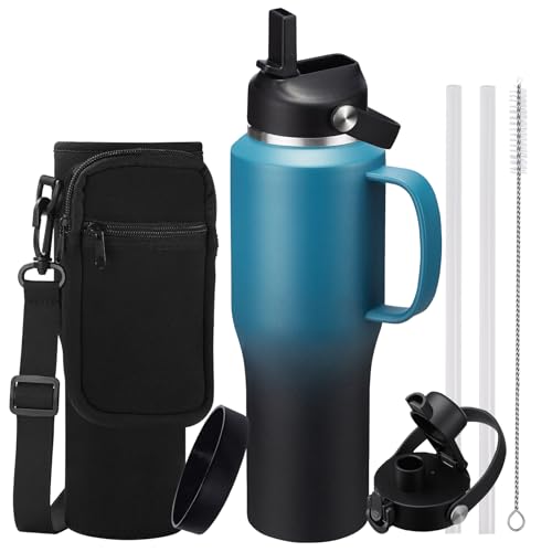 32 40 OZ Insulated Water-Bottle with Handle - Straw & Chug Lid, Strap Carrier Bag & Protective Boot, Stainless Steel Coffee Travel Tumblers, Leak-Proof, Skinny Flask Fit in Car Cup Holder - color: Blue&Black, size: 32 ounces with handle