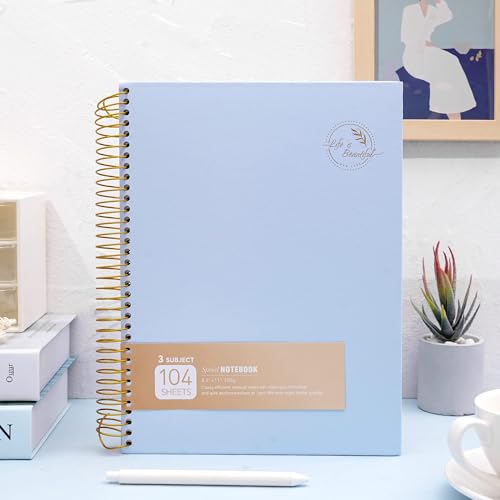 FLYING EAGLE 3 Subject Spiral Notebook Large Spiral Notebook 8.5 X 11, Blue Journal for Women Men, 100 GSM Thick Paper 104 Sheets, Hardcover Notebook for Work, School, Writing, Note Taking Blue - color: 1.blue
