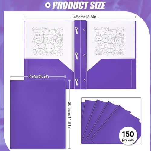 Yeaqee 150 Pack Plastic Folders with Prongs Heavy Duty Plastic 2 Pocket Folder with 3 Prongs, Business Card Slot for Back to School Office Home 11.6 x 9.5 Inch (Purple) - color: Purple