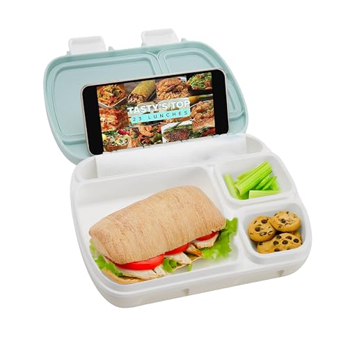Tasty Bento Style Lunch Box, 4 Compartments with Built-In Phone Stand, BPA-Free Plastic, Portable Food Storage Container, Cream - color: Cream