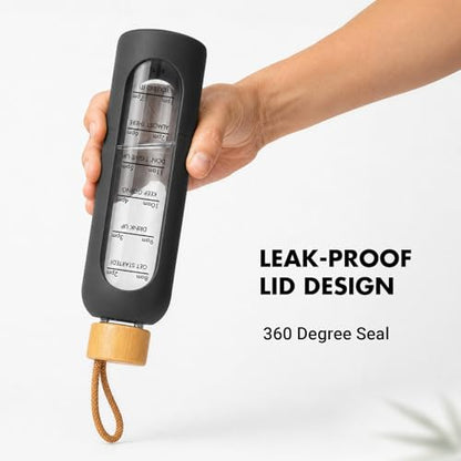 32 OZ Glass Water Bottles, Borosilicate Glass Bottle with Time Marker, 1 Liter Leak Proof Reusable BPA Free Motivational Water Bottles with Silicone Sleeve and Bamboo Lid (Black) - color: Black