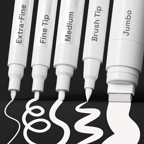 ARTISTRO 5 White Paint Pen for Rock, Glass, Ceramic, Wood, Tire, Fabric, Metal, Canvas, Marking, Painting - Set of 5 Acrylic Paint Markers Water-based - Different Tips - color: White, style: Different Tips