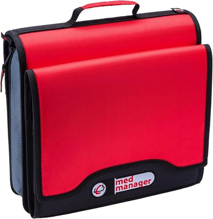 Med Manager Medicine Organizer and Binder, Removable Pouches, Detachable 5-Tab Expanding File Folder, Holds (15) Pill Bottles - (11) Standard Size and (4) Large Bottles, Red, 13 x 13 x 4.5 inches - color: Red