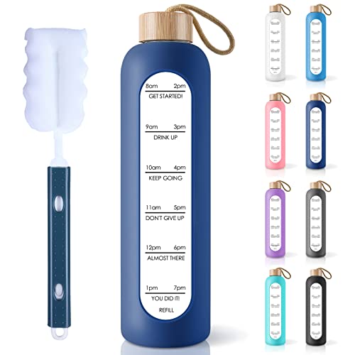 PROBTTL 32 Oz Borosilicate Glass Water Bottle with Time Marker Reminder Quotes, 1 Liter Leak Proof Reusable BPA Free Motivational Water Bottles with Silicone Sleeve and Bamboo Lid (Navy Blue) - color: Navy Blue, size: 32 Ounces