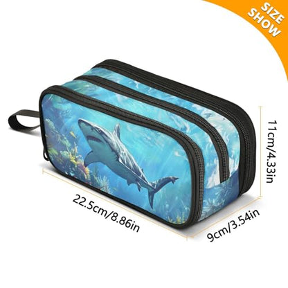 ALAZA Shark Ocean Large Pencil Case, Pen Pouch Pencil Bag with 3 Compartments Pen Holder Organizer Stationery Bag - color: A07