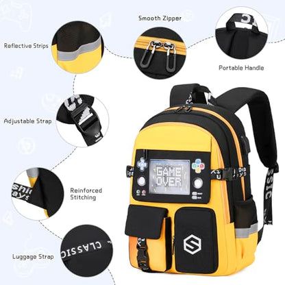 Scothen Boys Backpack, Cool Luminous School Backpacks for Boys with Lunch Bag Pencil Case, Kids Backpack Kindergarten Elementary Middle School Book Bags for Teen Boy Children with USB Charging Port - color: Yellow