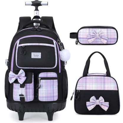 Bevalsa Rolling Backpack for Girls, Roller Backpack with Wheels, Cute Bow Wheeled School Bookbag Set with Lunch Bag & Pen Case, Suitcases for Kids Teens Elementary Middle Student (Black Purple) - color: Black Purple