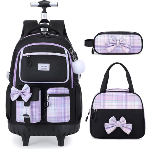 Bevalsa Rolling Backpack for Girls, Roller Backpack with Wheels, Cute Bow Wheeled School Bookbag Set with Lunch Bag & Pen Case, Suitcases for Kids Teens Elementary Middle Student (Black Purple) - color: Black Purple