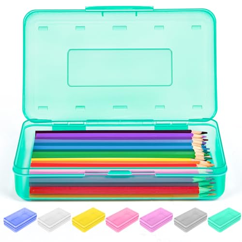 Sooez 1 Pack Clear Pencil Box, Plastic Hard Pencil Case with Stickers, Large Crayon Box with Snap-tight Lid, Stackable Storage Box Art Craft Marker Organizer Box for Kids Boys Back to School, Green - color: Turquoise