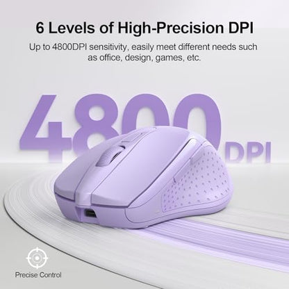 TECKNET Wireless Mouse, BT 5.0/2.4G, Rechargeable 6-DPI Silent, Lavender | Bluetooth 5.0/3.0 & USB A, 2-Device Easy Switch, Wide OS Compatible, 6 Buttons, 6-DPI up to 4800, Ergonomic for S to M Hands - color: Lavender
