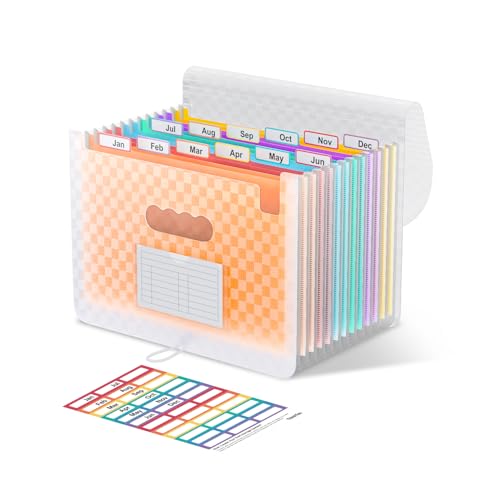 ThinkTex Accordion File Organizer, 12 - Pocket Expanding File Folders | for Paper Receipts, Bills&Taxes Organizer, Letter/A4 Size Document Holder for School, Office, Home with Colorful tabs-Orange - color: Orange