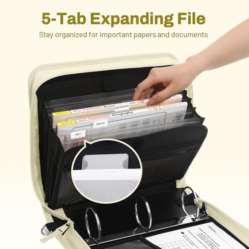 SUNEE Zipper Binder 3 Ring, 3 Inch O-Ring with Handle and Shoulder Strap, 600-Sheet Capacity, 5-Tab Expanding File Folder, Multi-Pockets for Middle School Organizer Binder with Zipper, Soft Beige - color: Soft Beige