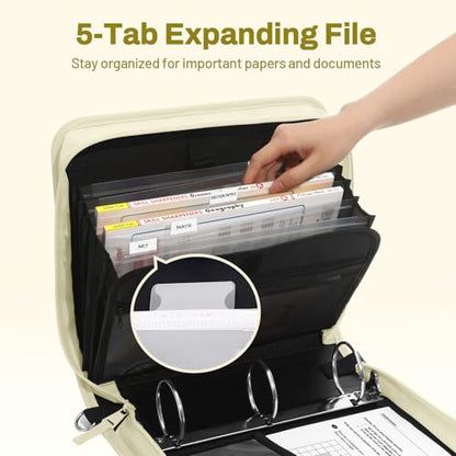 SUNEE Zipper Binder 3 Ring, 3 Inch O-Ring with Handle and Shoulder Strap, 600-Sheet Capacity, 5-Tab Expanding File Folder, Multi-Pockets for Middle School Organizer Binder with Zipper, Soft Beige - color: Soft Beige