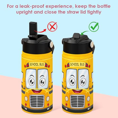 Kid Water Bottle 12oz with Straw Lid - 2-Pack Insulated Stainless Steel Water Bottles for Kids Boys- Travel Cup for Back to School Sports Christmas Birthday (Construction & School Bus) - color: Construction + School Bus