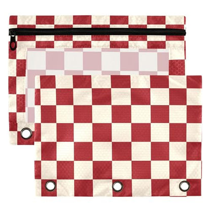 Crimson Buffalo Plaid Binder Pouches 3 Ring for Boys Girls School Office College Supplies White Chessboard Red Friebrick DarkRed Pencil Pouches Case Bag with Clear Window and Zipper 2 Pack - color: Red