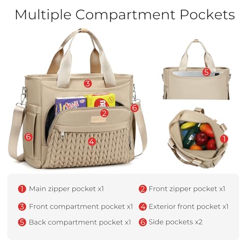 AIJIEKE Large Insulated Lunch Bag for Women Men, Work Lunch Box Tote, Khaki | Leakproof, durable multi-compartment cooler. Reusable with shoulder strap. Perfect for travel meal prep, picnic, beach - color: Brown Taupe