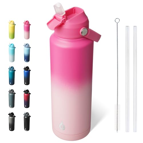 BJPKPK Insulated Water Bottle with Straw Lid, 40oz Large Thermo, BPA Free Leak Proof Stainless Steel Metal Water Bottles, Tumblers, Cups, Flasks for Travel, Sports,Cherry - color: Cherry, size: 40 Ounces