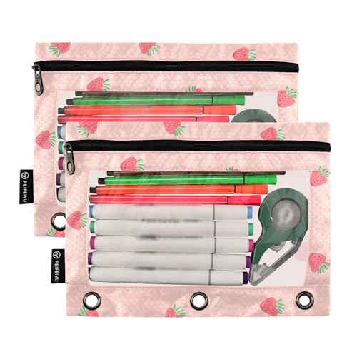 Fustylead Pink Strawberry Pencil Pouch Fits Standard 3-Ring Binders, Zipper Binder Pencil Bag with Clear Window for Office School Class Students 2 Pack - color: Pink Strawberry