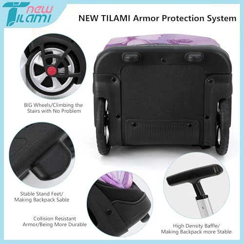 NEW TILAMI 19 Inch Rolling Backpack with Lunch Bag for Girls Boys Wheeled Laptop Backpack Durable Carry-on Bag School Travel, Evening Butterfly - color: Purple Evening Butterfly
