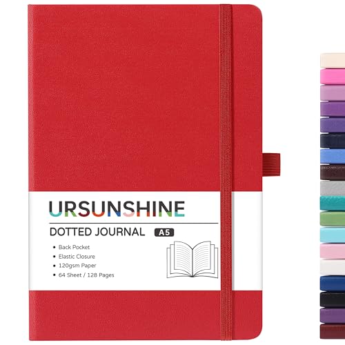 Dotted Journal/Notebook - Dot Grid Hard Cover Notebook, Premium Thick Paper with Fine Inner Pocket, Black Smooth Faux Leather, Pen Loop, 5.3'' x 8.26'' - Red - color: Red, size: Dotted