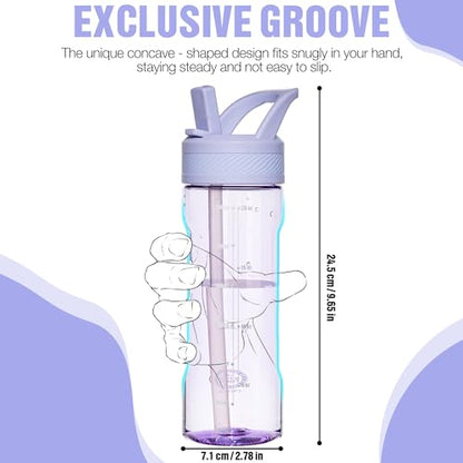 OLDLEY 20oz Kids Water Bottle with Straw, BPA-Free Tritan Water Bottle for School, Leakproof Clear Water Bottle with One Click Open, Measurement Scale, Cup Holder Friendly for Boys Girls,Purple - color: Purple