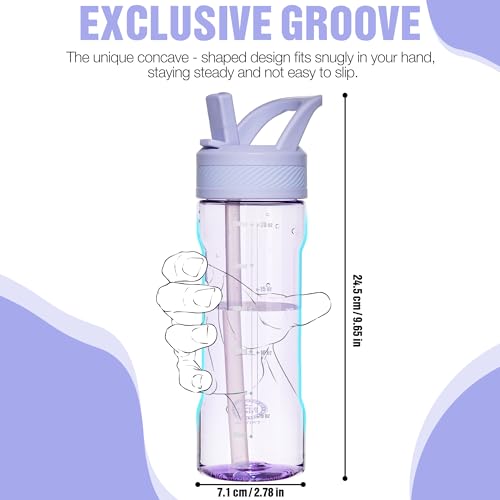 OLDLEY 20oz Kids Water Bottle with Straw, BPA-Free Tritan Water Bottle for School, Leakproof Clear Water Bottle with One Click Open, Measurement Scale, Cup Holder Friendly for Boys Girls,Purple - color: Purple