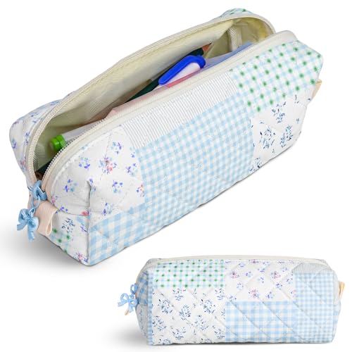 Cute Quilted Pencil Case for Women, Aesthetic Small Floral Pencil Pouch, Slim Soft Pencil Bag for Stationery Supplies & Daily Use（Green Blue Patchwork） - color: Green Blue Patchwork