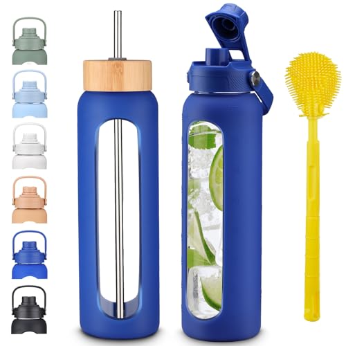 32 oz 1L Borosilicate Glass Water Bottle with Bamboo Lid, Stainless Steel Straw, 2 Leak-Proof Lids, Silicone Sleeve, BPA Free for Gym, Office, Home & Travel - color: Navy Blue, size: 32 Ounces