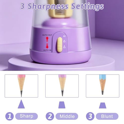 Rechargeable Electric Pencil Sharpener, 6-12mm Auto in & Out Fully Automatic Pencil Sharpener for Kids, Large Capacity Battery Powered, with Cartoon Stickers Ideal for Classroom & Home (Yellow-purple) - color: Yellow-purple