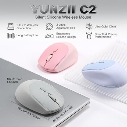 YUNZII C2 Wireless Mouse,2.4GHz Cute Silicone Noiseless Wireless Computer Mouse, Quiet Clicks, 3 Adjustable DPI, 1600 DPI Optical Tracking, Portable Ergonomic Mice for Laptop/PC/Mac (Gray) - color: Gray