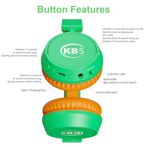 Contixo KB-5 Kids Headphones - Over The Ear Foldable Bluetooth Wireless Headphone for Kids - 85dB with Volume Limited - Toddler Headphones for Boys and Girls (Green+Orange) - color: Green