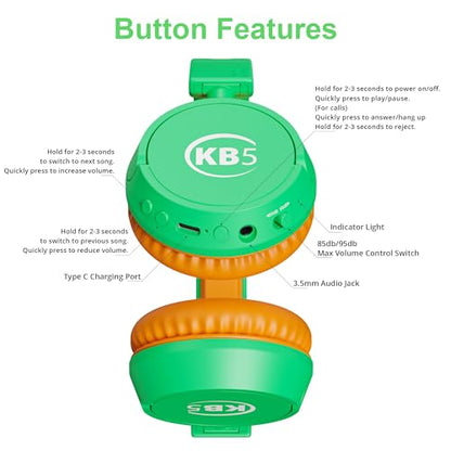 Contixo KB-5 Kids Headphones - Over The Ear Foldable Bluetooth Wireless Headphone for Kids - 85dB with Volume Limited - Toddler Headphones for Boys and Girls (Green+Orange) - color: Green