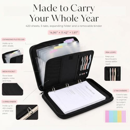 Sturdy 3 Ring Zipper Binder with Strap for School - Beautiful 1 Inch Zip Up Binder with 5-Tab Dividers Holds 420 Sheets, Books & Laptop - Easy to Carry Trapper Keeper Made of Premium Fabrics - color: Black