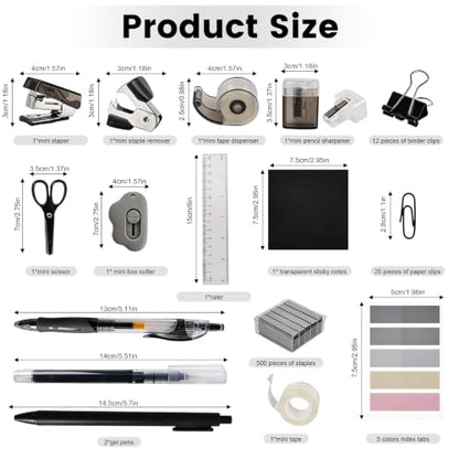 Mini Office Supply Kit, Mini Stapler with Staples and Tape Dispenser Set, Mini School Supplies Kit Includes Sticky Notes Index Tabs Gel Pens for Office & School (Black) - color: Black
