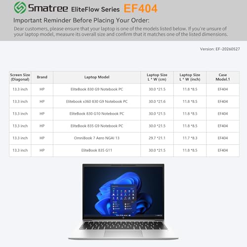 Smatree EliteFlow Laptop Sleeve for 13.3 inch HP EliteBook 830 G11/G10/G9, for Elitebook x360 830 G9 Notebook PC, for 13.3 inch HP OmniBook 7 Aero NGAI 13, Protective Laptop Case with Pocket (EF404) - size: 2.04| for HP 13.3" EliteBook 830/OmniBook(EF404)