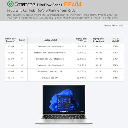 Smatree EliteFlow Laptop Sleeve for 13.3 inch HP EliteBook 830 G11/G10/G9, for Elitebook x360 830 G9 Notebook PC, for 13.3 inch HP OmniBook 7 Aero NGAI 13, Protective Laptop Case with Pocket (EF404) - size: 2.04| for HP 13.3" EliteBook 830/OmniBook(EF404)