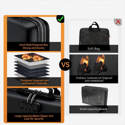 Fireproof File Organizer with Lock，Hard Case Fireproof Document Box with 13 Pockets Accordion File Folder，Portable Home Office Safe Storage for Important Documents Laptop （Black） ﻿