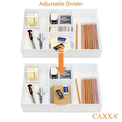 CAXXA 2PK - 3 Slot Drawer Organizer with Two Adjustable Dividers - 5 Compartments Drawer Storage Junk Drawer Organizer for Office Desk Supplies and Accessories, White
