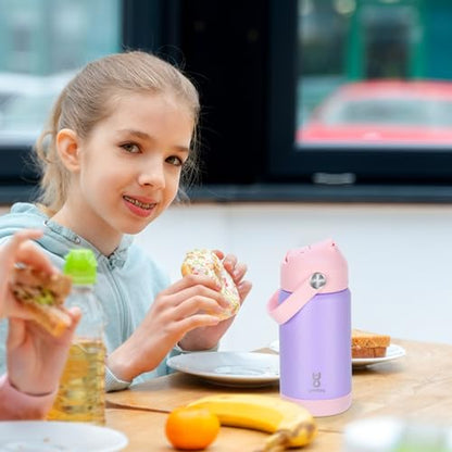 Kids Insulated Water Bottle with Straw Lid & Silicone Handle,12oz Kids Leak Proof Water Bottle for School Boys Girls,Double Wall Vacuum Stainless Steel with Non-slip Silicone Base(Light Purple) - color: Light Purple, size: 12 Ounces
